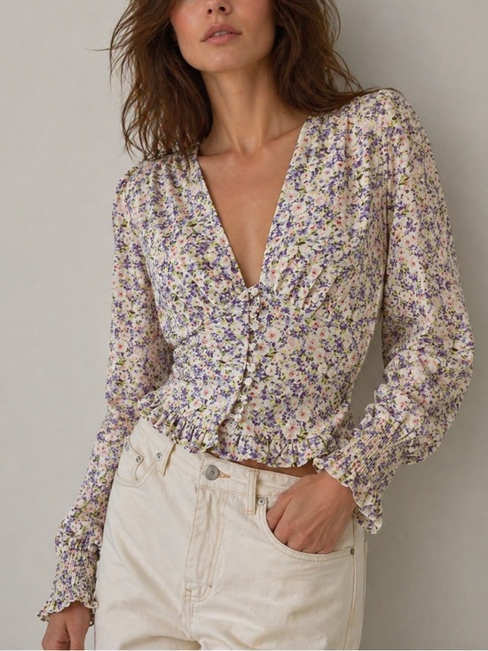 Heartloom Tops - Heartloom Floral Corset-Style Blouse Smocked Waist Button Front Size S